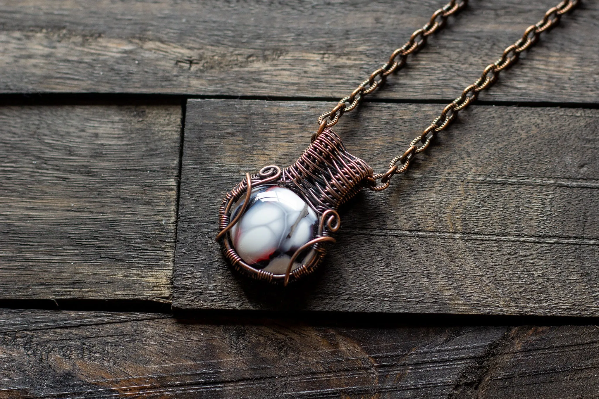 White "Crackle" Fused Glass Pendant with Copper Wire Wrapping